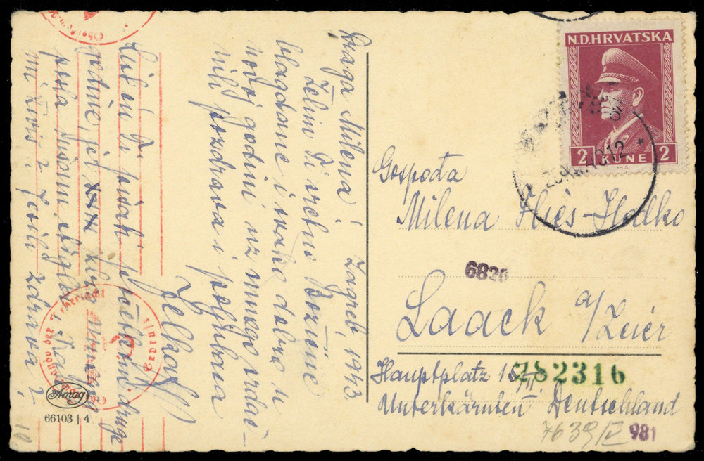 1943, Postkarte (66103/4, "Frohes neues Jahr") frankiert mit 2 Kuna ...