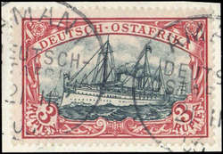 1901, 3 Rupien Kaiseryacht auf Briefstückchen in der Type "b", ...