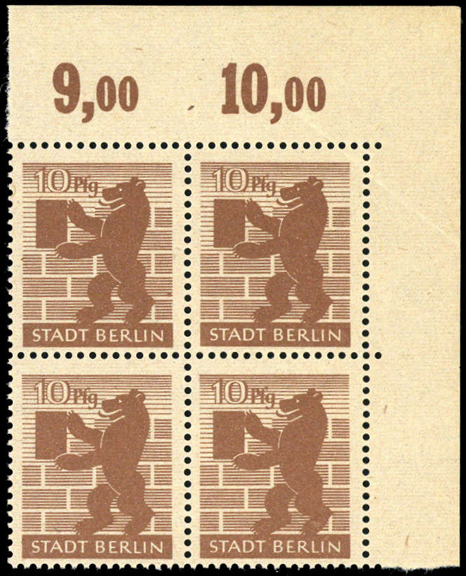 1945, 10 Pfg. Berliner Bär als postfrischer Eckrand 4-er Block r.o. ...