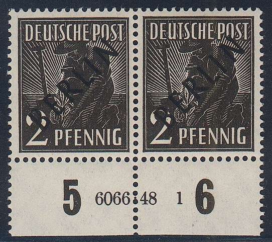 1948, 2 Pfg Schwarzaufdruck im UR-Paar mit Ur-HAN '6066.48  1', ...